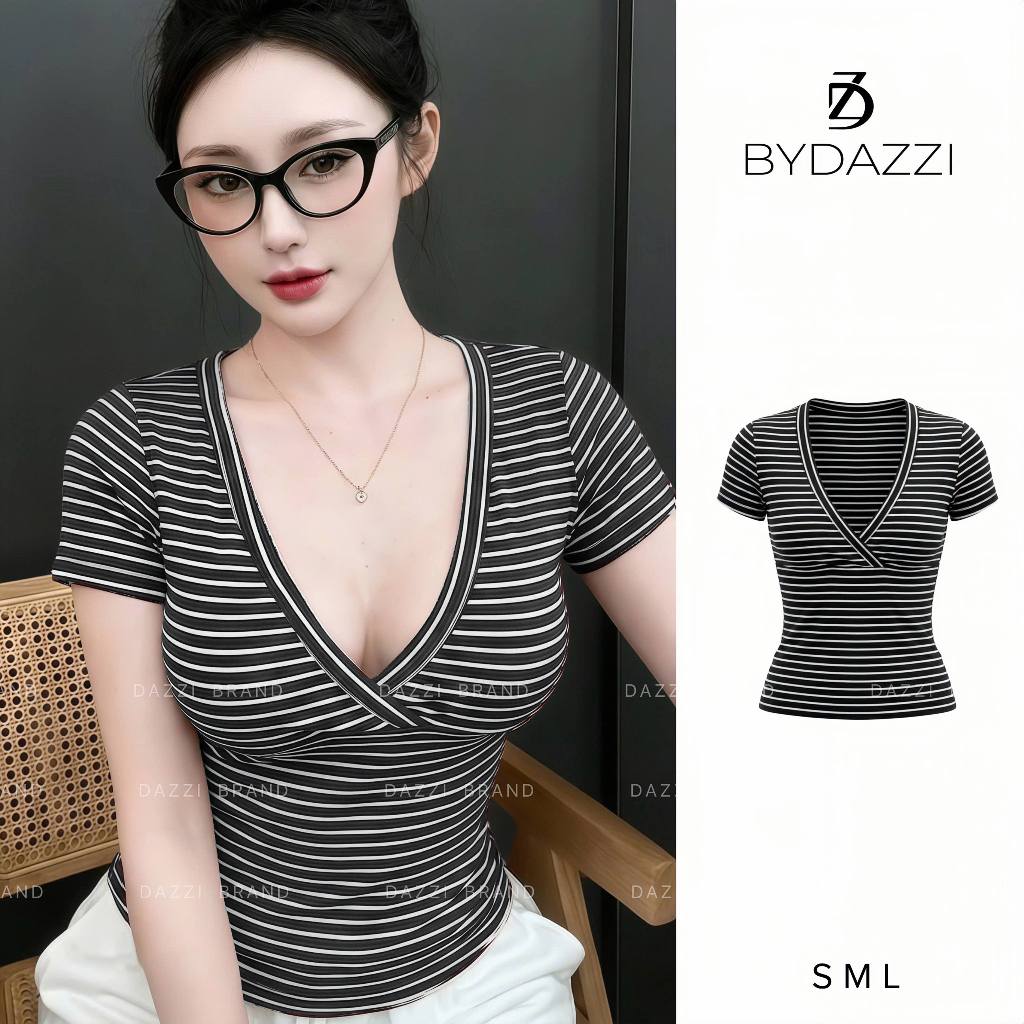 [MỞ BÁN] Áo thun tay ngắn nữ cổ V cách điệu dáng ôm chất cotton tôn dáng DAZZI Women A073 | BigBuy360 - bigbuy360.vn
