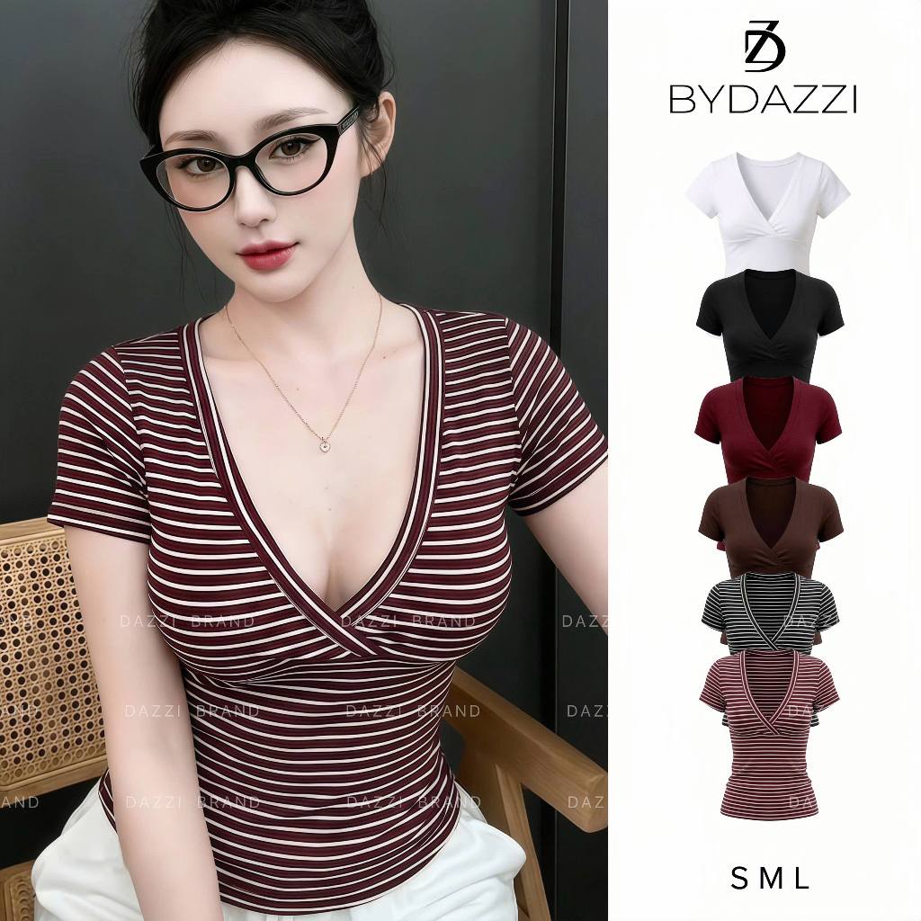 [MỞ BÁN] Áo thun tay ngắn nữ cổ V cách điệu dáng ôm chất cotton tôn dáng DAZZI Women A073 | BigBuy360 - bigbuy360.vn