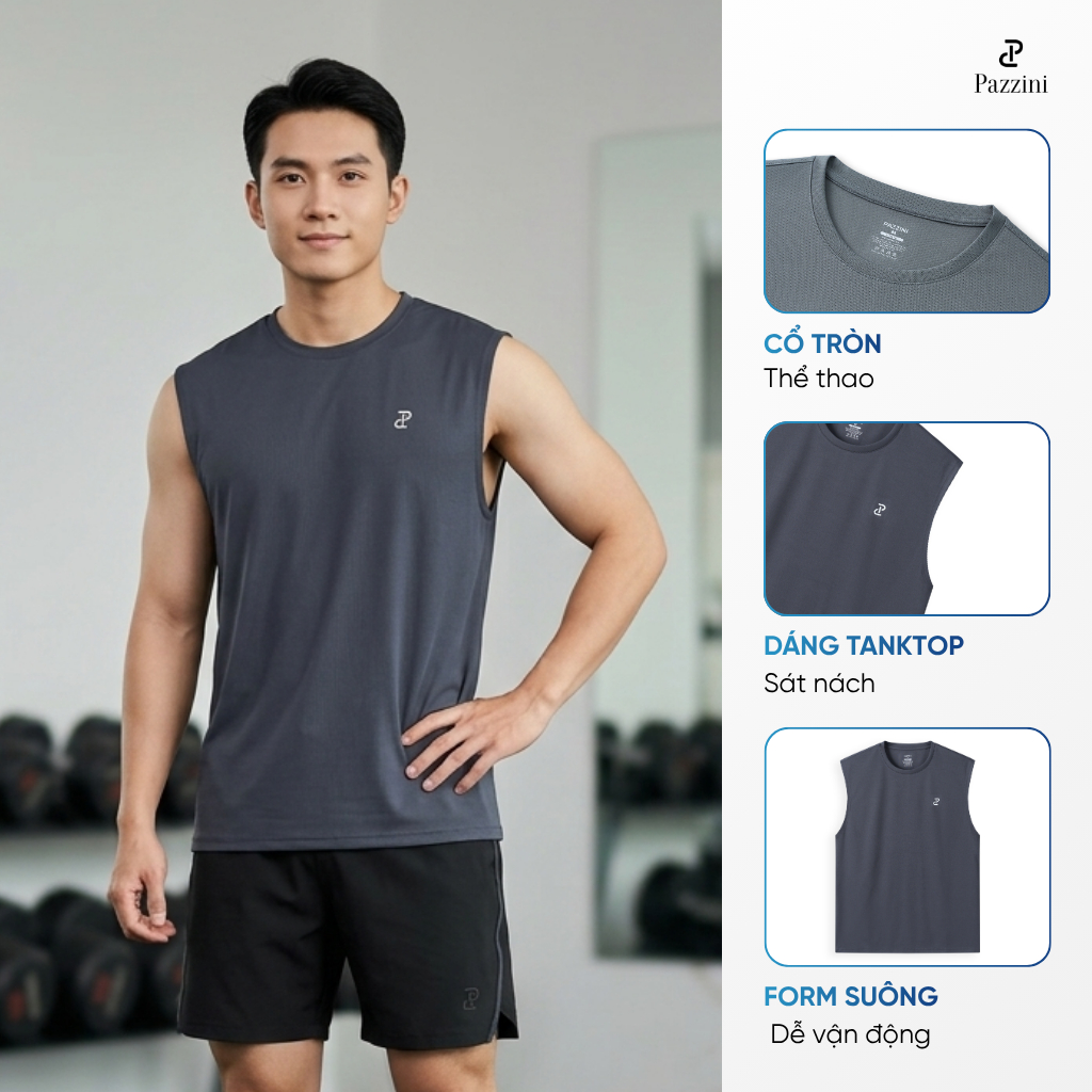 Áo thun nam sát nách thể thao PAZZINI thiết kế đơn giản thoải mái, thấm hút, nhanh khô TA001