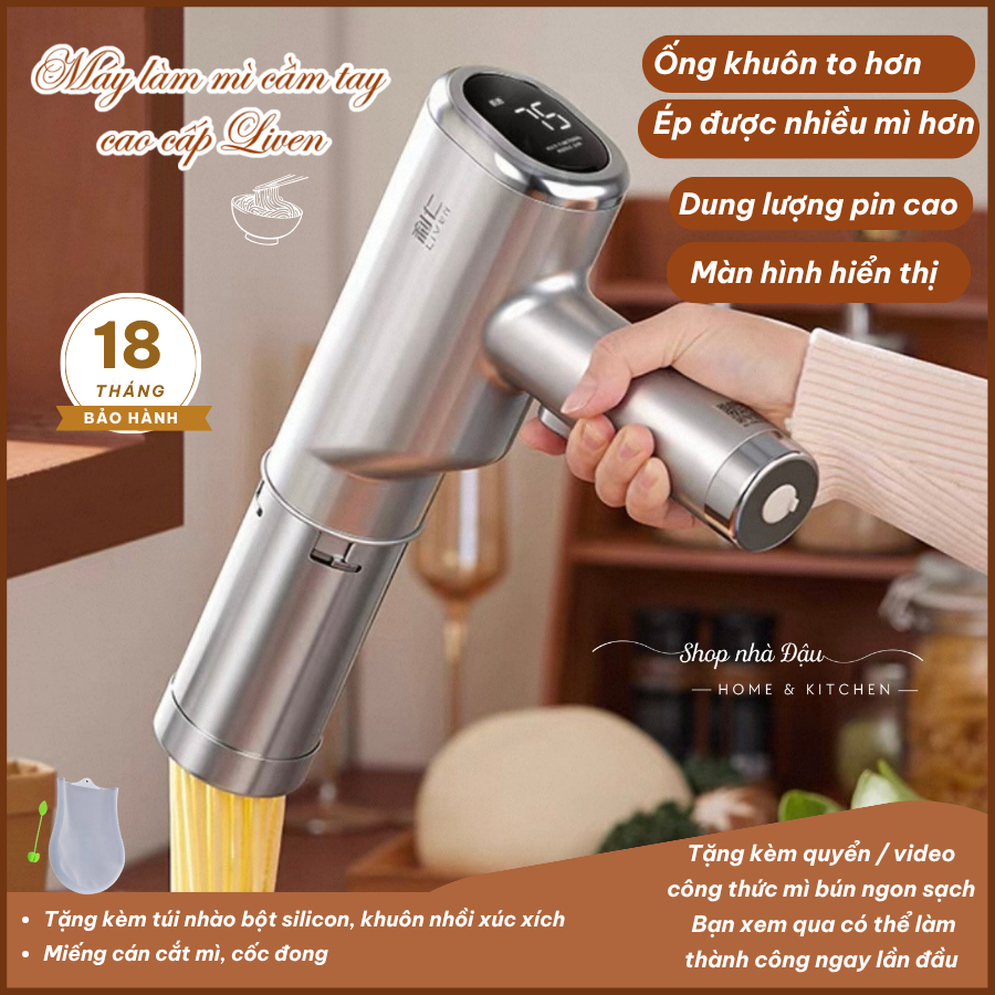 Máy Làm Mì Tươi Cao Cấp Liven, Máy Ép Mì Sợi, Máy Làm Bún Cầm Tay Ống Khuôn To, Có Màn Hình Pin.