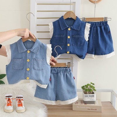Set Bộ Áo Quần Denim Xanh Viền Ren Cho Bé Gái 1-5 Tuổi MINTSCLOSET Quảng Châu - GA2533