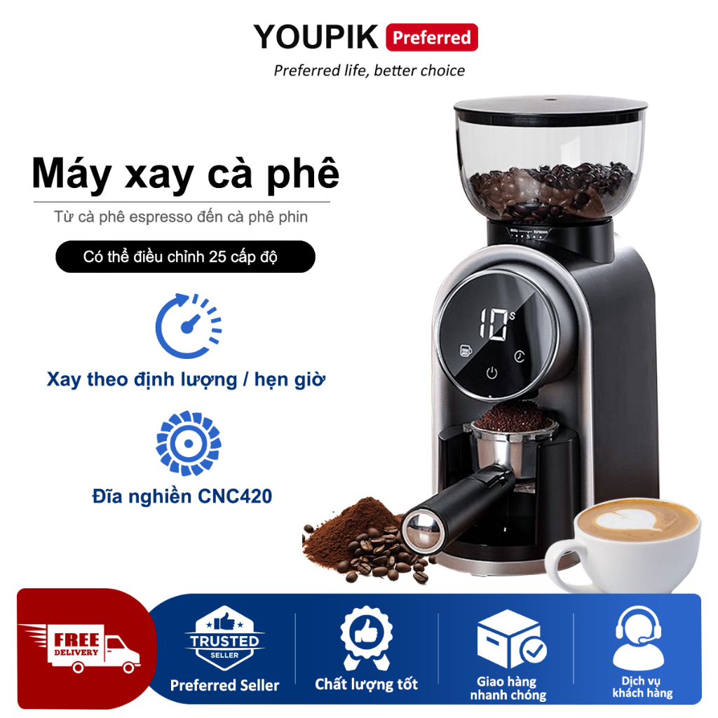 Máy Xay Cà Phê Mẫu HB683 25 mức độ xay Màn hình hiển thị LCD Phù hợp với tay cầm 51/53mm Dùng cho gi