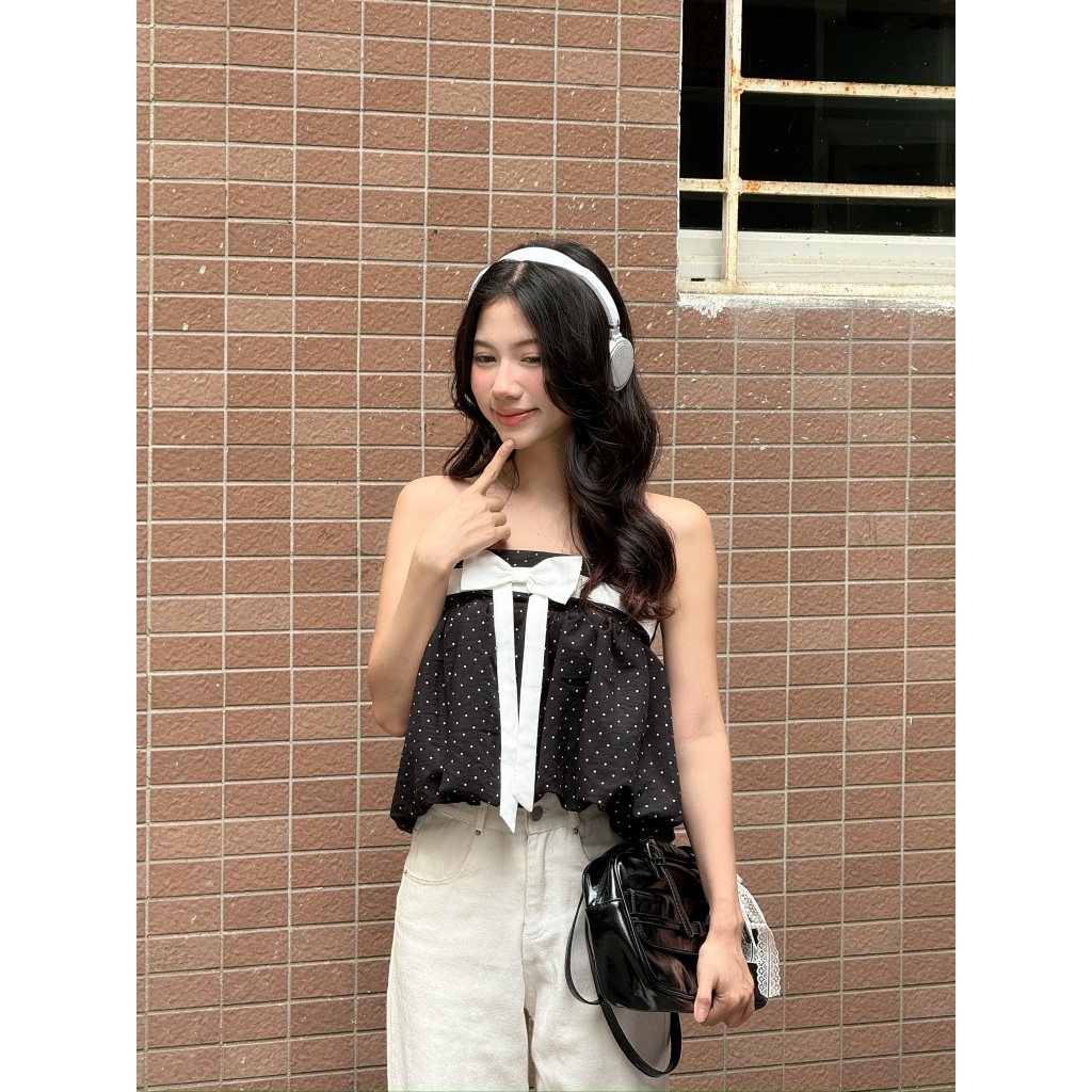 Áo babydoll quây phồng chấm bi thắt nơ, Áo kiểu babydoll dễ thương - 29feb.closet – A599 | BigBuy360 - bigbuy360.vn