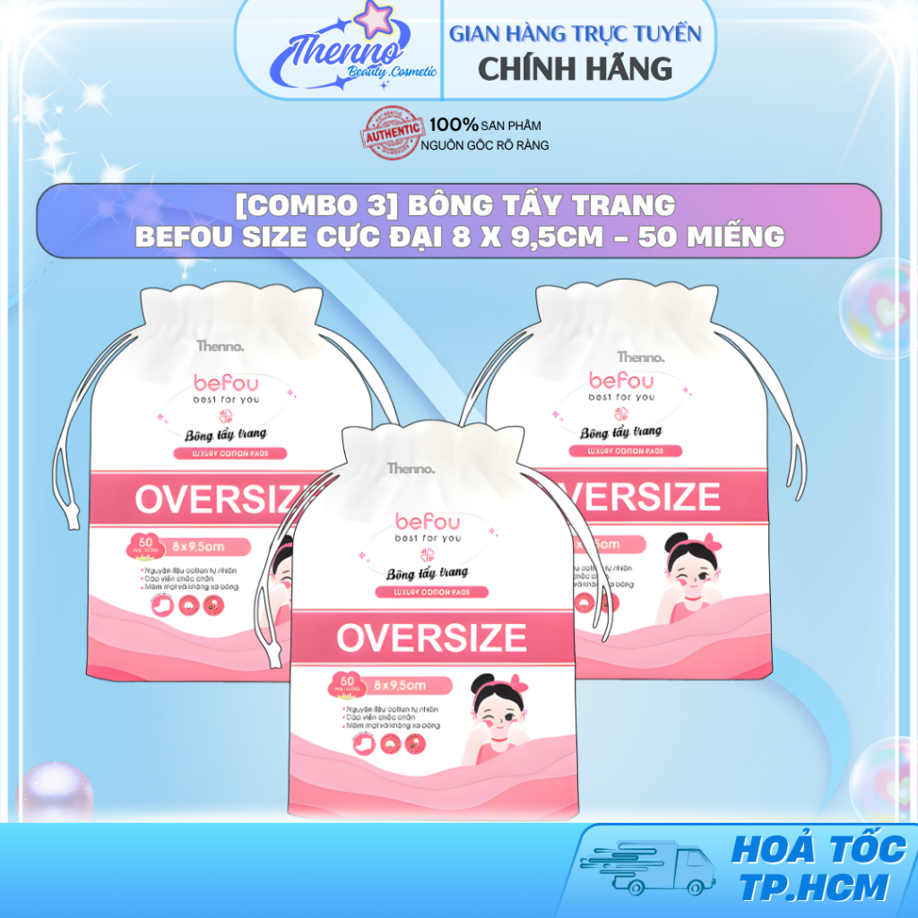 [Combo 3] Bông Tẩy Trang Befou Size Cực Đại 8 x 9,5cm - 50 Miếng