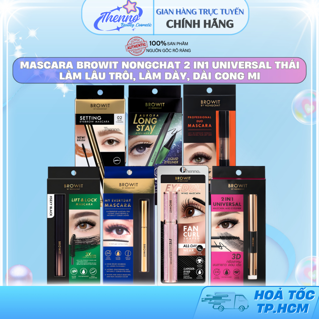 Mascara Browit Nongchat 2 in1 Universal Thái Làm Lâu Trôi, Làm Dày, Dài Cong Mi, Chuyên Dụng Cho Mak