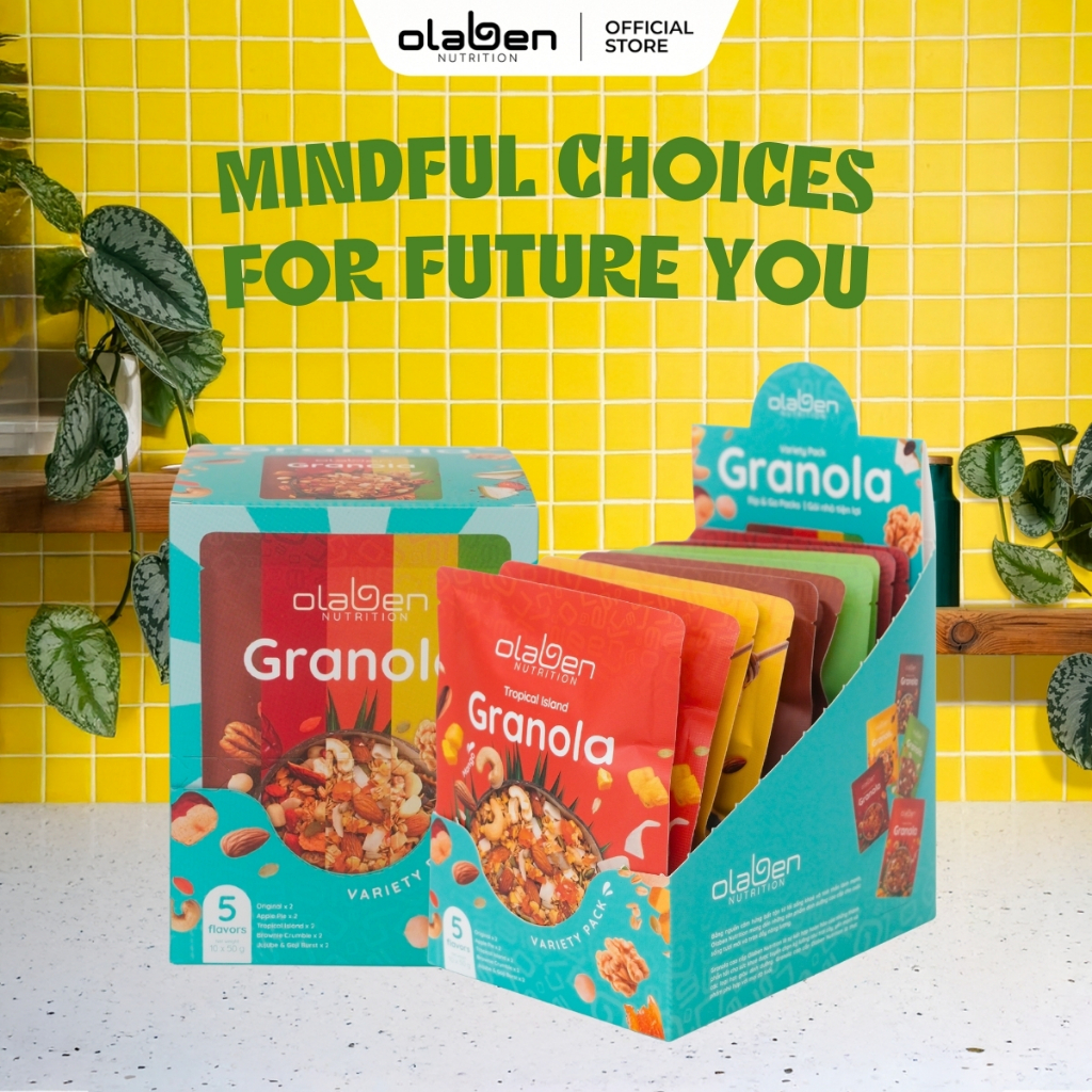 Hộp 500gr Granola Siêu Hạt Dinh Dưỡng Mix 5 Vị - Truyền Thống,Xoài Chanh Dây,Táo Đỏ,Bánh Táo,Chocolate - 10 túi nhỏ 50gr