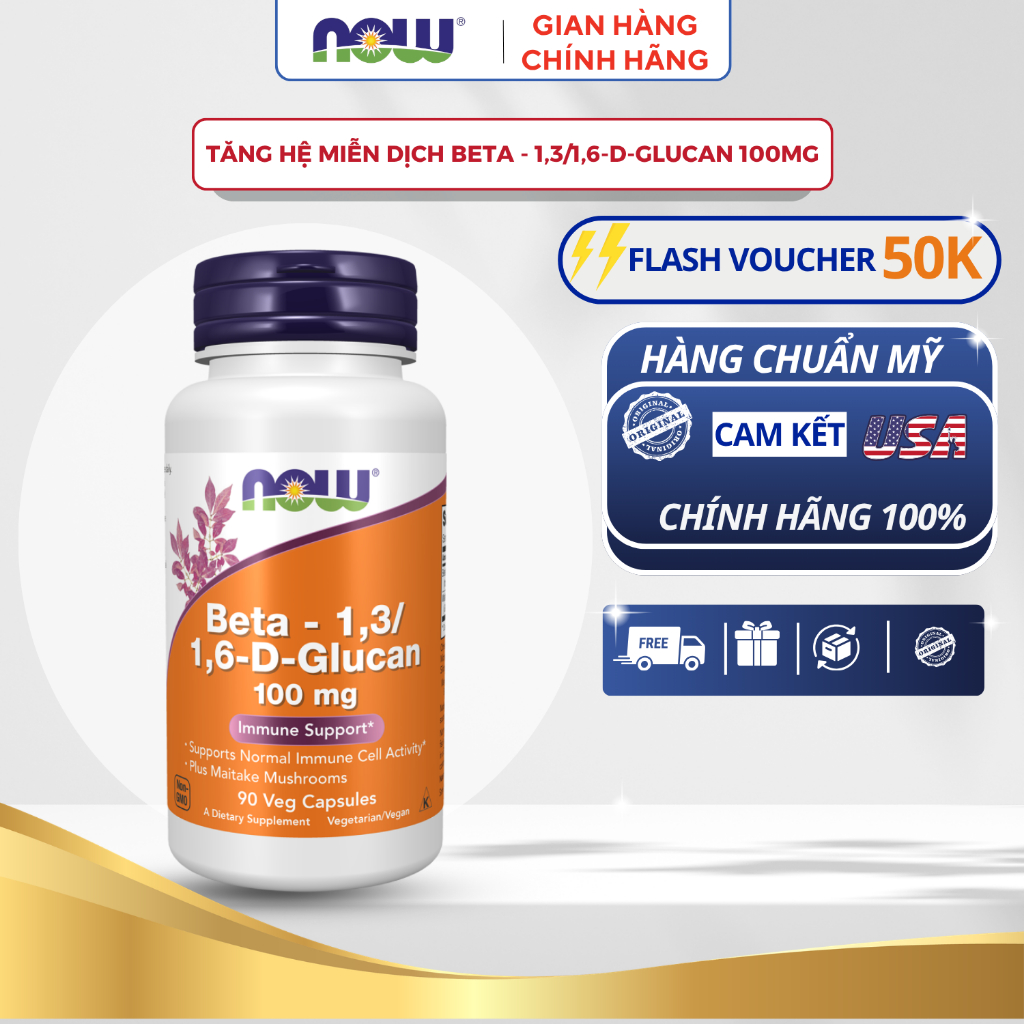 Viên uống NOW Beta Glucan 100mg 90 Viên – Beta 1,3/1,6 D Glucan 100mg hỗ trợ sức khỏe tim mạch, tăng