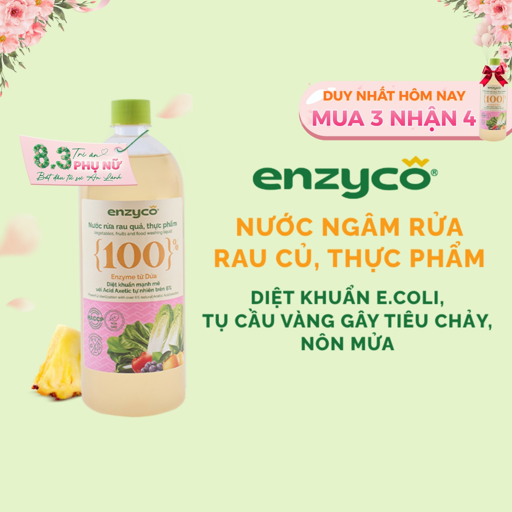 Nước ngâm rửa rau củ quả sinh học Enzyco - 100% Enzyme Dứa, Acid Hữu Cơ 6%,Loại Bỏ E.coli, Tụ Cầu Vàng, Khử Mùi Thịt Cá