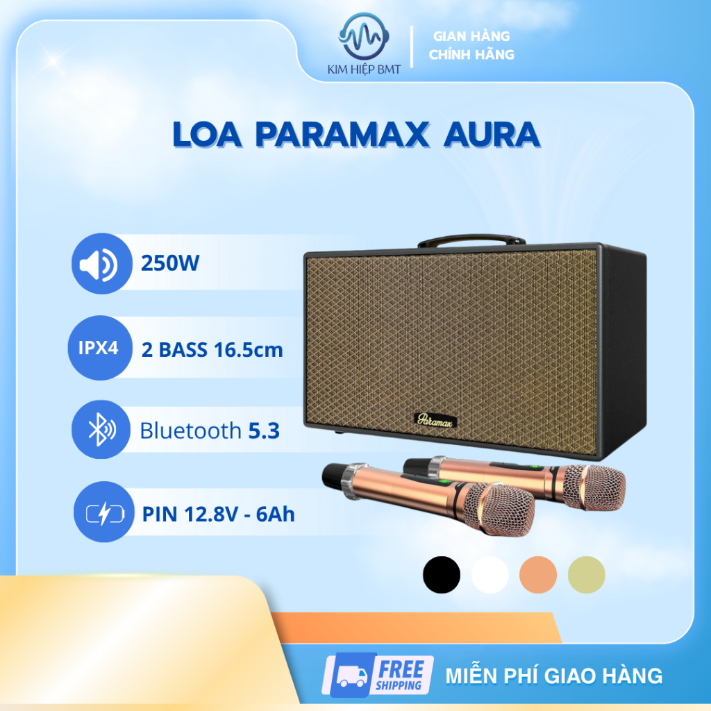 PARAMAX Aura Loa Karaoke Di Động DSP Kép 32bit Class-D TI 2 Micro UHF Bluetooth 5.3 HDMI ARC