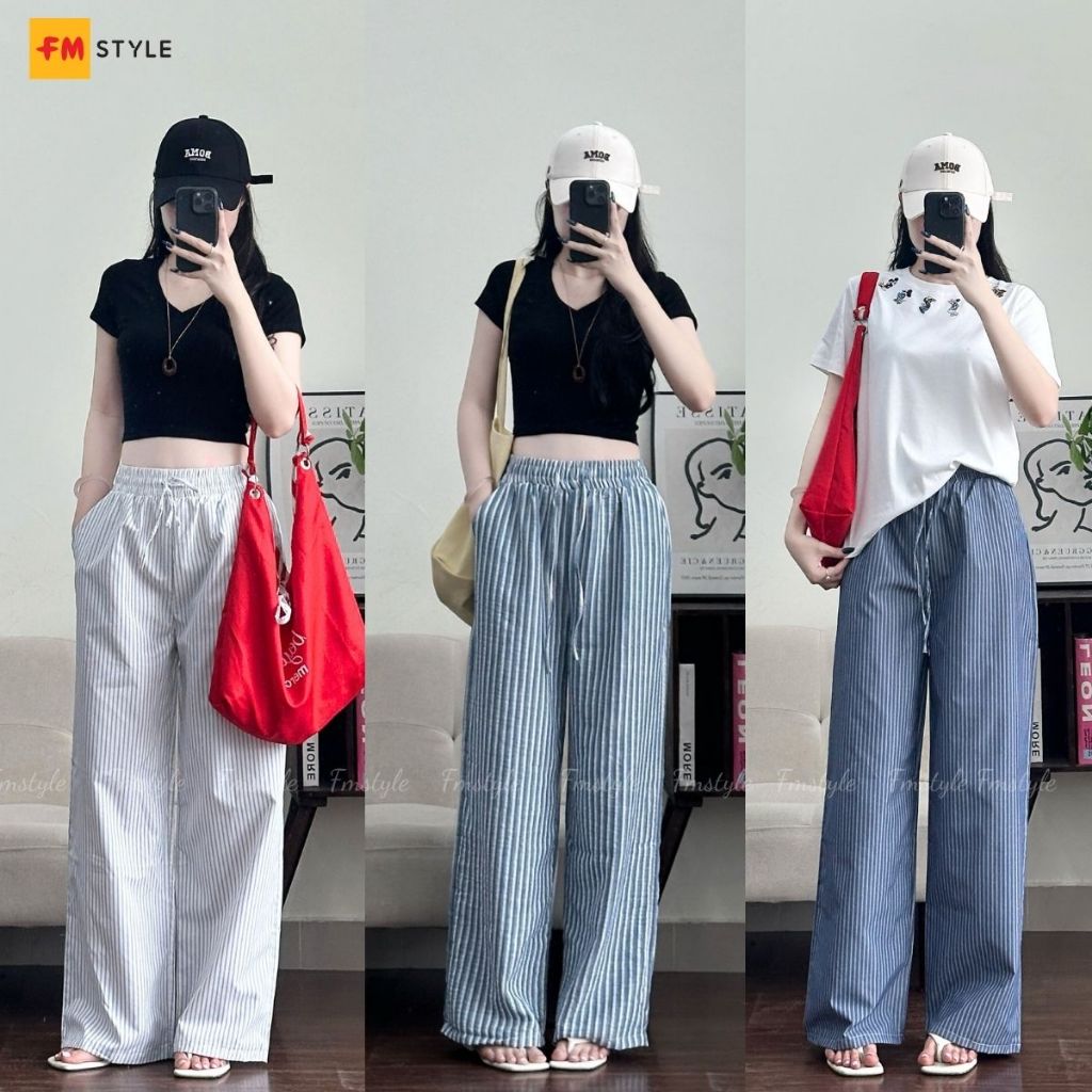 Quần Kẻ Sọc Nữ FMSTYLE Ống Suông Form Rộng Phối Dây Thời Trang Hàn Quốc 26030138