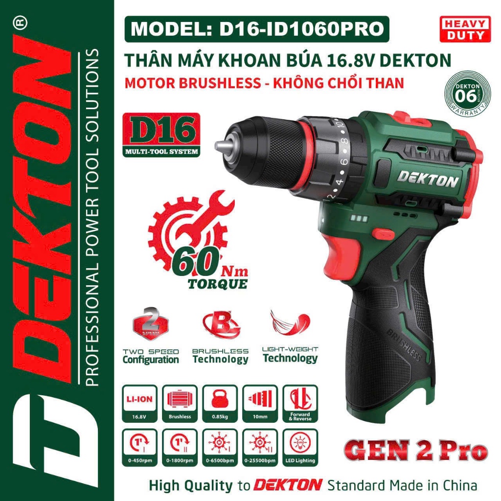 Thân máy khoan động lực Dekton 16.8V D16-ID1060PRO, 3 Chức năng