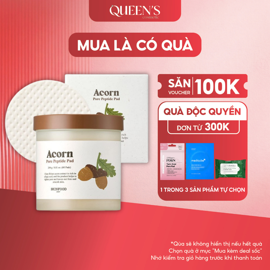 Bông Thấm Tinh Chất Quả Sồi SKINFOOD Acorn Pore Peptide Pad 60 Miếng - Thu Nhỏ Lỗ Chân Lông, Mờ Thâm