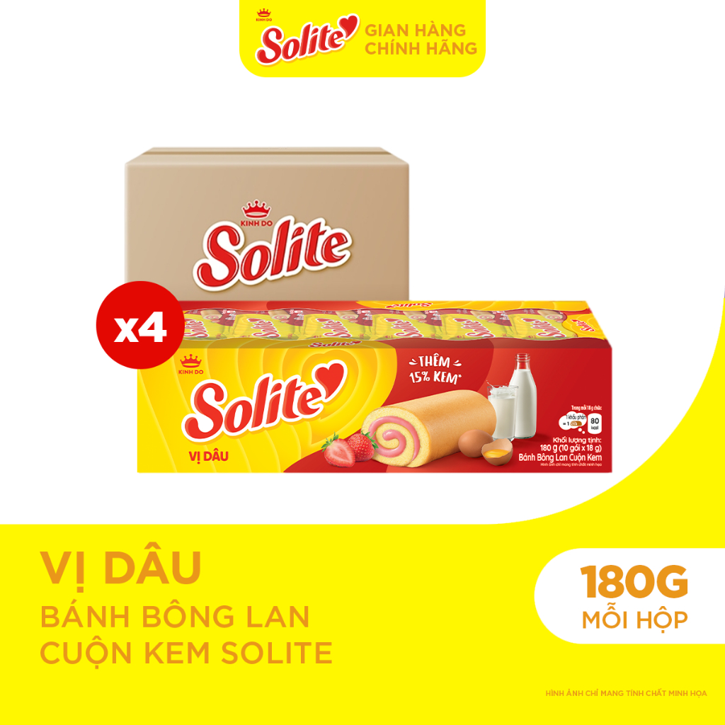Combo 4 Hộp Bánh Bông Lan Solite Cuộn Kem Vị Dâu 180g