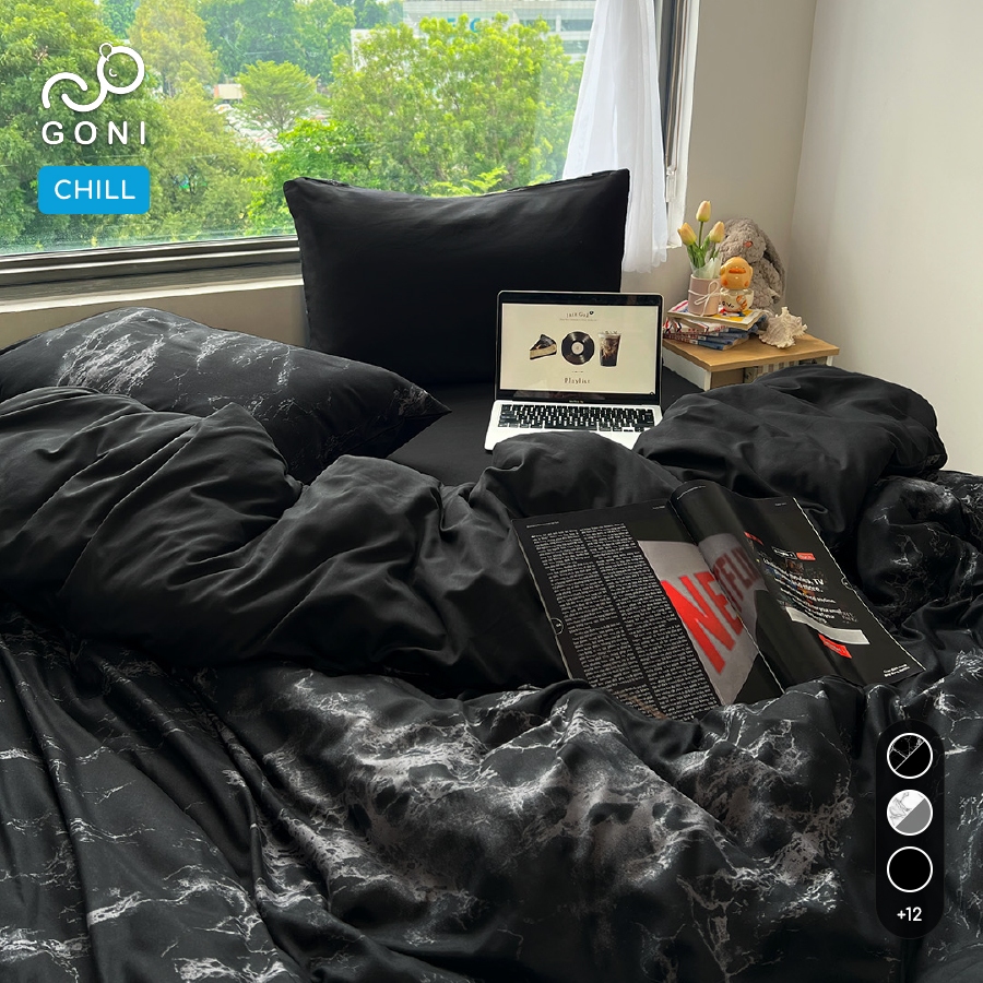 Bộ vỏ chăn mền ga gối GONI CHILL màu Đen Cẩm Thạch - Ga drap giường bo chun cao 4-25cm kích thước 1m,1m2,1m4,1m6,1m8,2m2