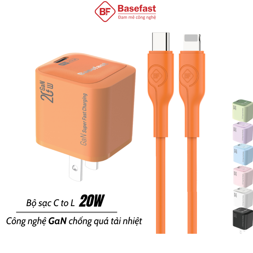 Combo bộ sạc nhanh 20W Basefast cho Phone xs 11 12 13 14 pro max ...Củ GaN kèm dây silicon siêu bền