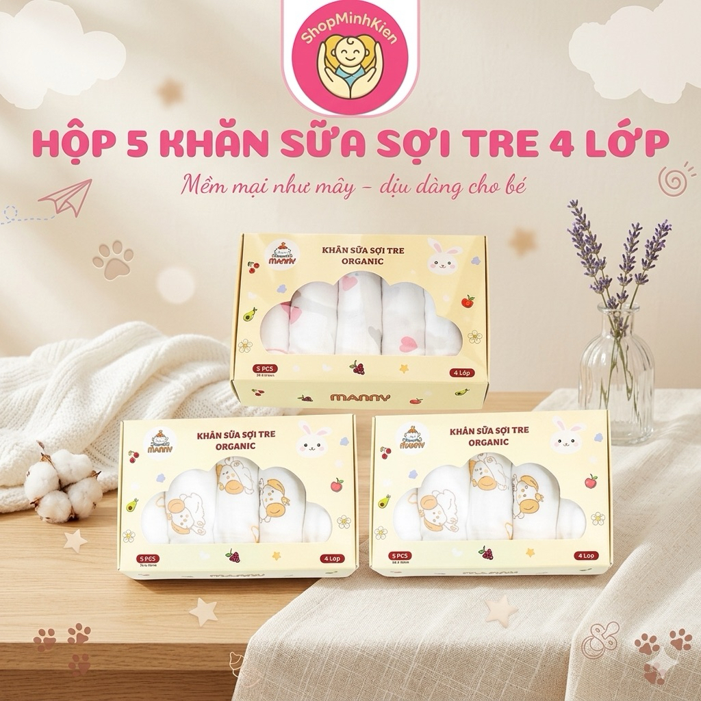 Hộp 5 Khăn Sữa Sợi Tre Manny 4 Lớp 100% Organic - Mềm Mịn, Kháng Khuẩn, Thấm Hút Tốt