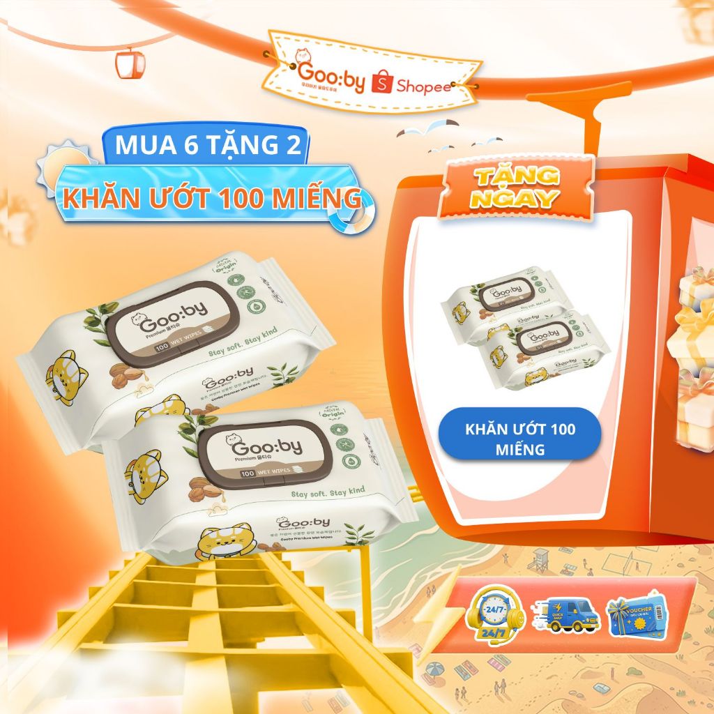 [Mua 6 Tặng 2] Khăn ướt Gooby Premium 100 tờ cao cấp, không cồn, không parabens, mềm mịn, an toàn với da trẻ nhỏ
