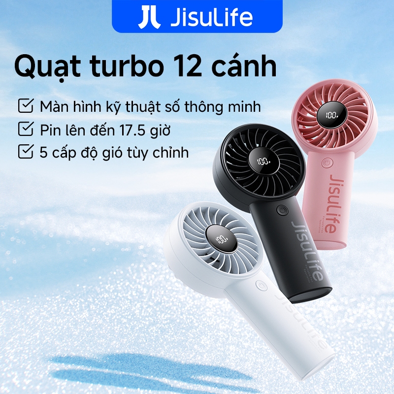 Quạt cầm tay JisuLife 4 mini xách tay gió mạnh màn hình LED 5 nấc gió điều chỉnh được dành cho học sinh và dân văn phòng