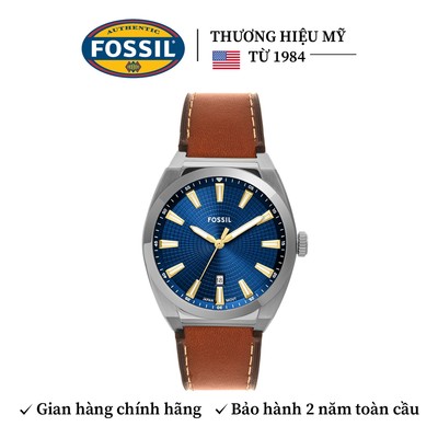 Đồng hồ nam Fossil Everett FS6115 mặt xanh dương, 42 MM, dây da thật màu nâu, 3 kim và cọc số phản quang, xem ngày