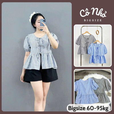 Áo Babydoll Bigsize Nữ Áo Kiểu Tay Ngắn Phồng Vạt Xòe Dễ Thương Họa Tiết Kẻ Sọc Cho Chubby A190