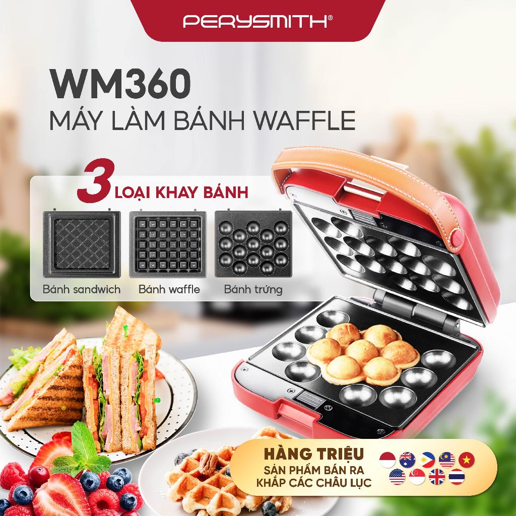 PerySmith WM360 Máy Làm Bánh Waffle Mini 3in1, Kích thước nhỏ gọn, tiện lợi cho gia đình và du lịch