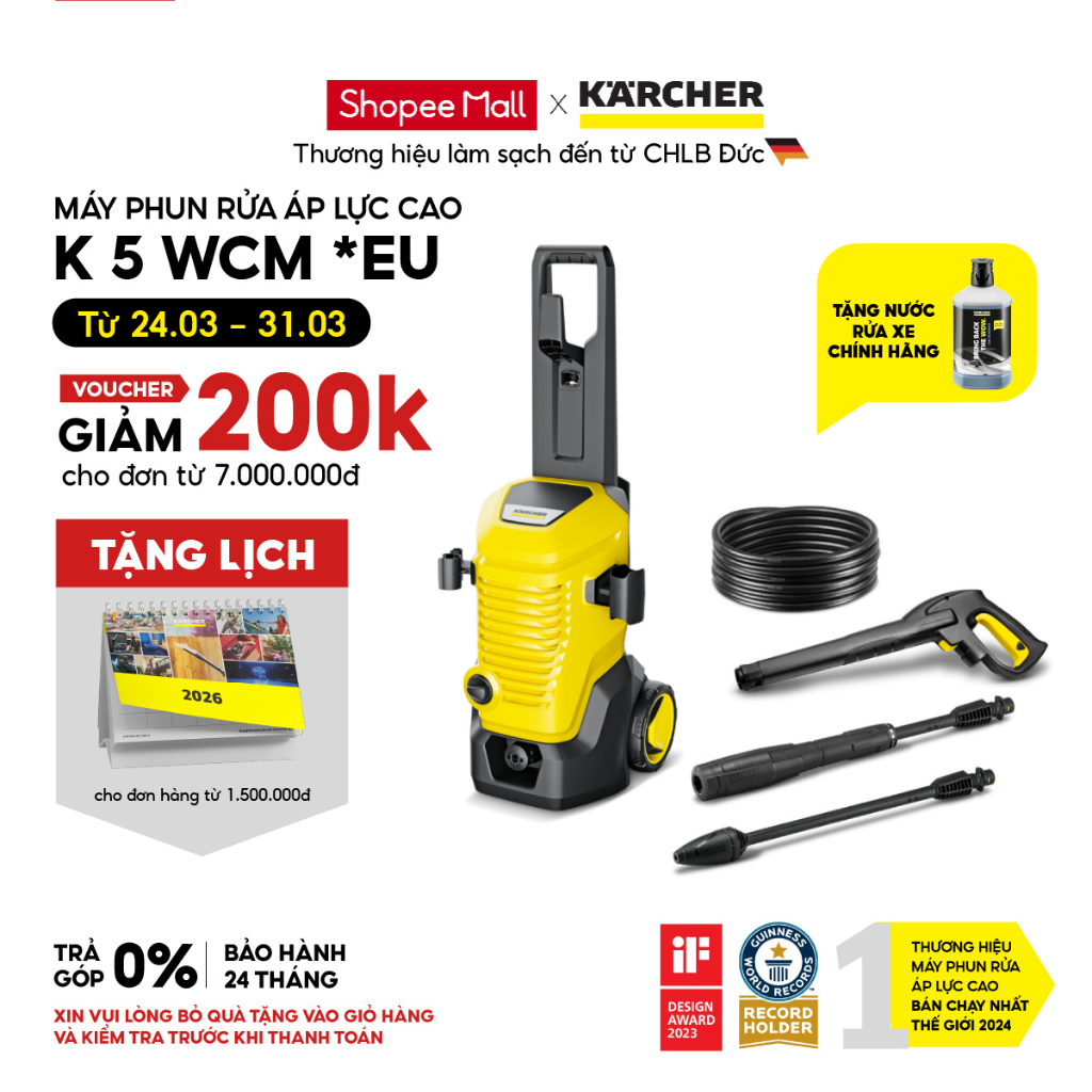 [Sản xuất Châu ÂU] Máy phun rửa áp lực cao Karcher K 5 WCM - Động cơ từ - Công suất 2100W - Bảo hành