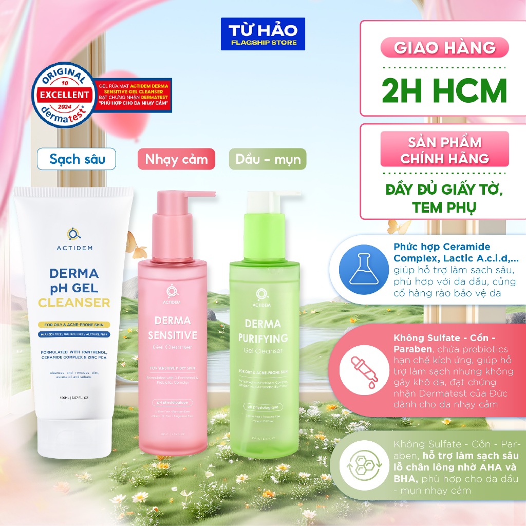 GEL RỬA MẶT ACTIDEM TRẮNG HỒNG XANH DERMA/SENSITIVE/PURIFYING GEL CLEANSER 30/150/180ml - Từ Hảo