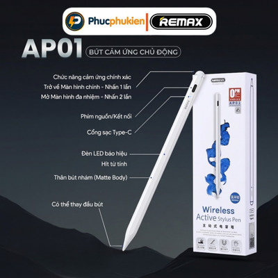 Bút Cảm Ứng Remax AP01 kết nối Bluetooth Cho Máy Tính Bảng Chính Hãng - Phúc Phụ Kiện