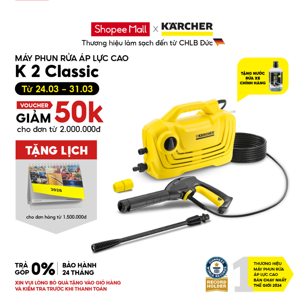 Máy Rửa Xe KARCHER Cầm Tay K2 Classic Động Cơ Chổi Than Áp Lực Cao Giúp Làm Sạch Xe Máy, Sân vườn dư