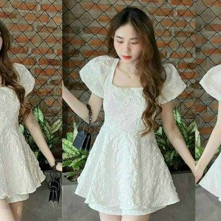 Đầm thời trang nữ dự tiệc chất gấm tay phồng cổ vuông đầm hở lưng cột nơ đầm xòe