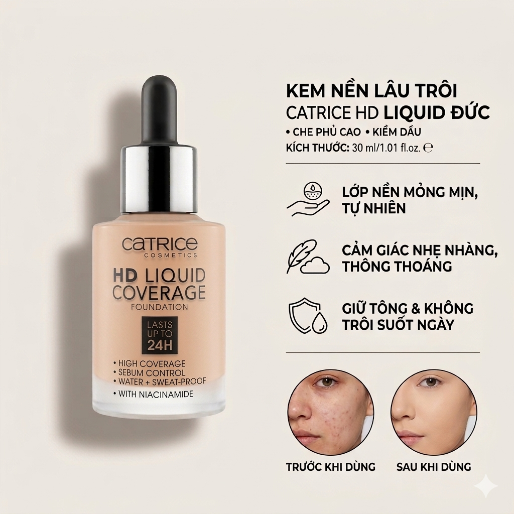 (Tem chính hãng) Kem Nền Lâu Trôi Catrice Tạo Lớp Nền Căng Mịn