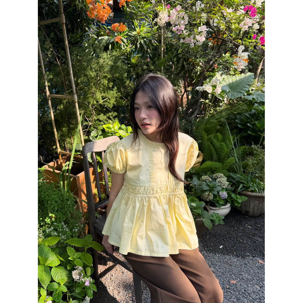 DOXI - Áo Babydoll Xếp Li, Nhún Viền, Tay Phồng | PAMI