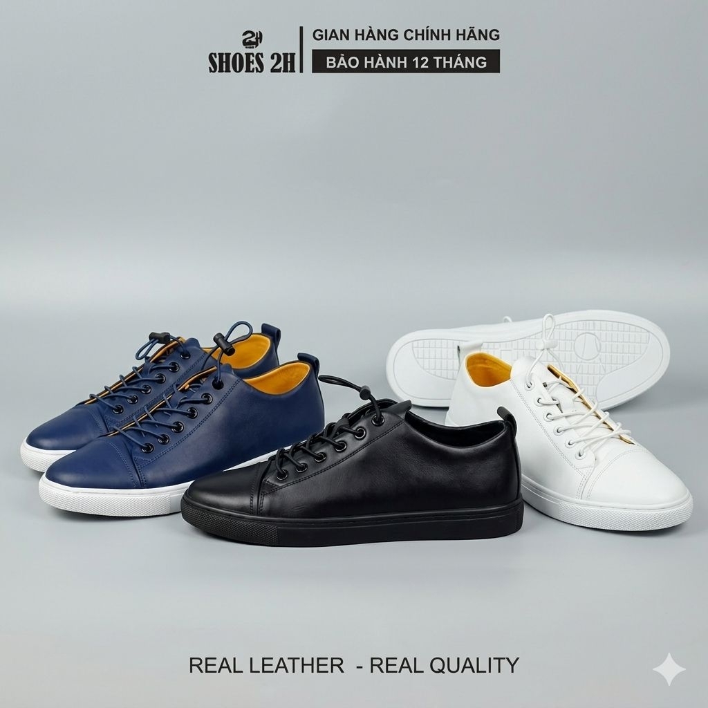 ​Giày Sneaker Nam Da Bò Thật Cao Cấp - Trắng - Đen - Xanh Navy T69