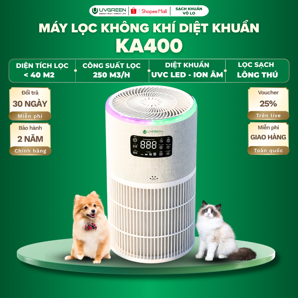 Máy Lọc Không Khí Cho Thú Cưng UVGREEN KA400, UVC LED & Ion Âm Diệt Khuẩn, Lọc Bụi Mịn, Hút Lông