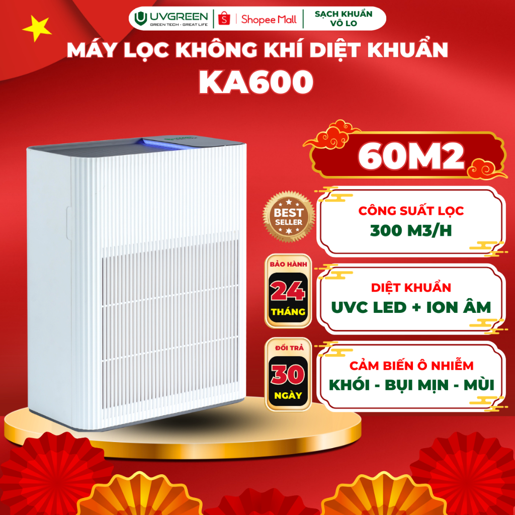 [UVG] Máy Lọc Không Khí Hút Mùi Diệt Khuẩn UVGREEN KA600 60m2 Công Nghệ ION ÂM, UVC LED, Lọc Bụi Mịn