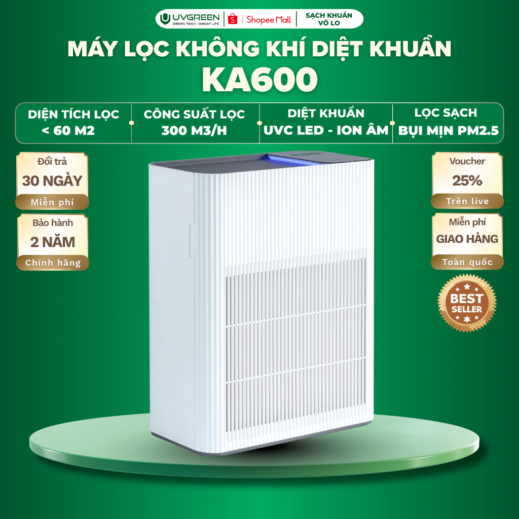 Máy Lọc Không Khí Diệt Khuẩn UVGREEN KA600 60m2, UVC Led & Ion Âm, Lõi HEPA H13 Lọc Bụi Mịn, Hút Mùi