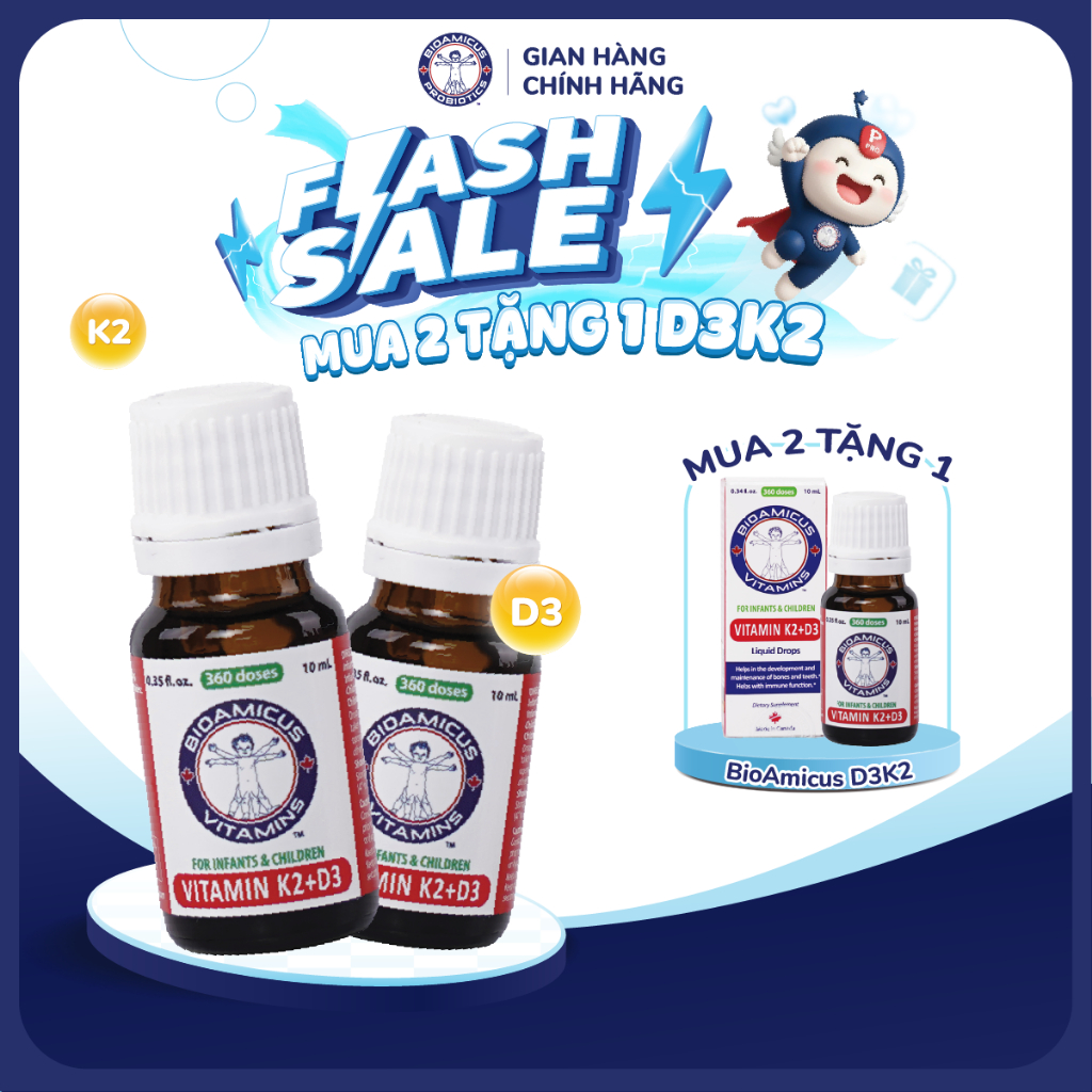 [Flashsale 20.03] Mua 2 D3K2 tặng 1 D3K2 - BioAmicus Vitamin K2D3 Lọ 10mL hỗ trợ phát triển xương ră