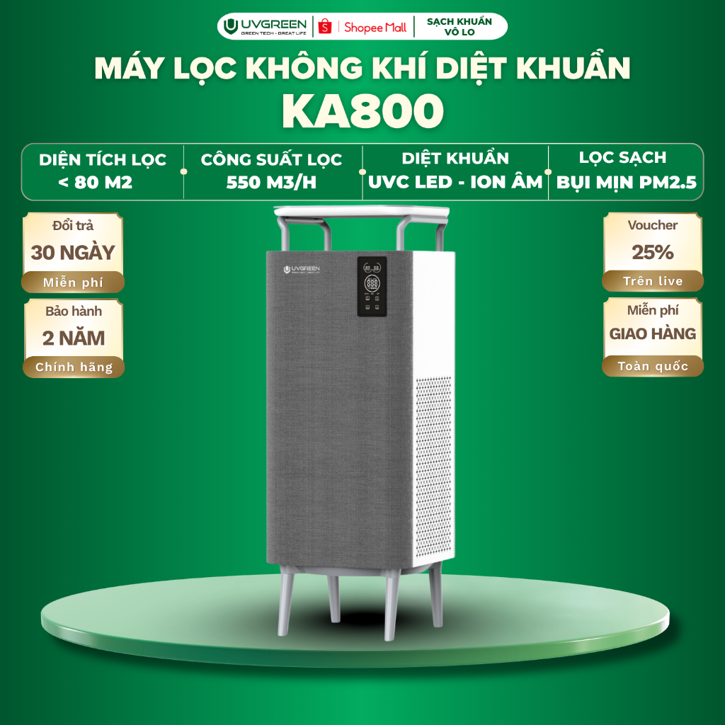 Máy Lọc Không Khí Diệt Khuẩn UVGREEN KA800-TH 80m2 - Công Nghệ Ion Âm, Lõi HEPA H13 Lọc Bụi Mịn