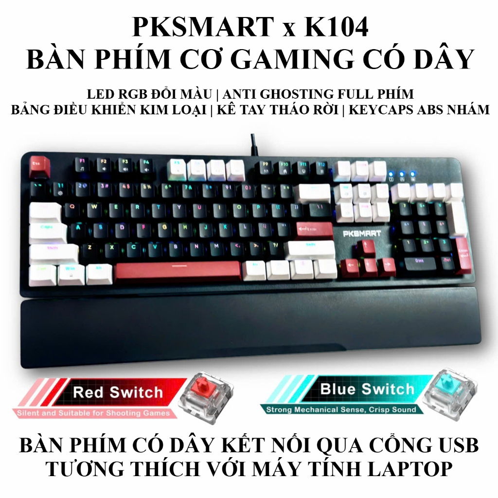 Bàn Phím Cơ Gaming Có Dây PKSMART - BLACK S K104 - LED RGB 15 Hiệu Ứng Và 8 Màu LED Đơn - Anti Ghost