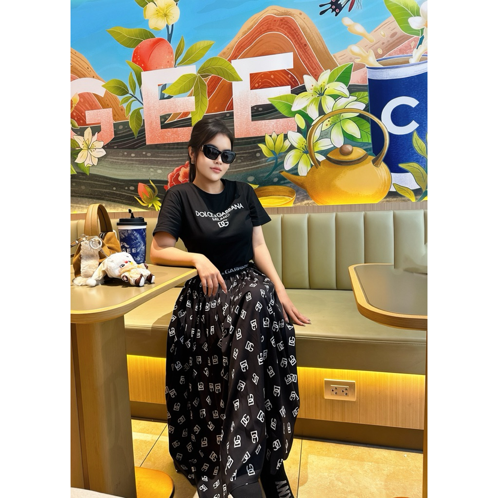 Set áo phông thun in chữ D. G  và váy lưng thun siêu cấp