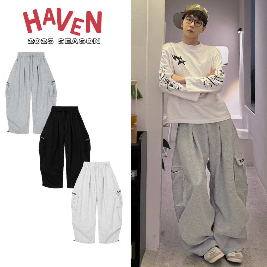 Quần nỉ túi hộp Haven Studio form rộng 3 màu xám tiêu, đen, xám trắng phong cách streetstyle