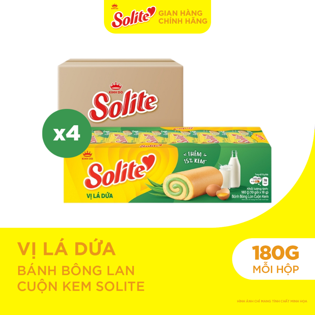 Combo 4 Hộp Bánh Bông Lan Solite Cuộn Kem Vị Lá Dứa 180g