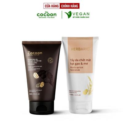 Combo Tẩy da chết mặt Cà phê Đắk Lắk Cocoon 150ml + Tẩy da chết mặt hạt gạo & mơ Herbario 160ml