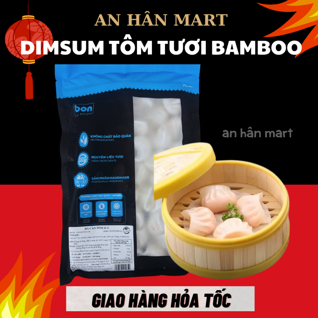 Há cảo dimsum tôm tươi Bamboo hấp nóng, thả lẩu túi 880g