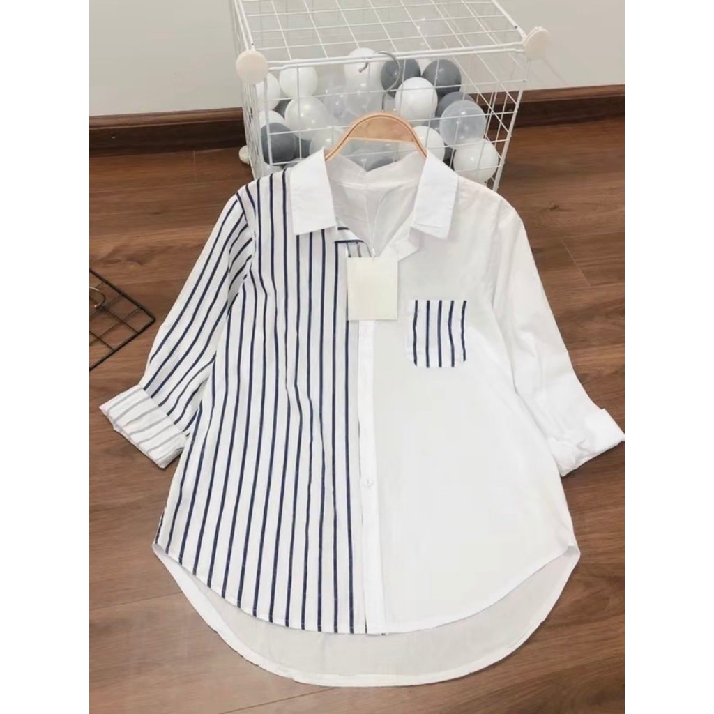 Áo sơ mi nữ dài tay kẻ sọc, chất vải thô cotton thoáng mát mềm mịn K08