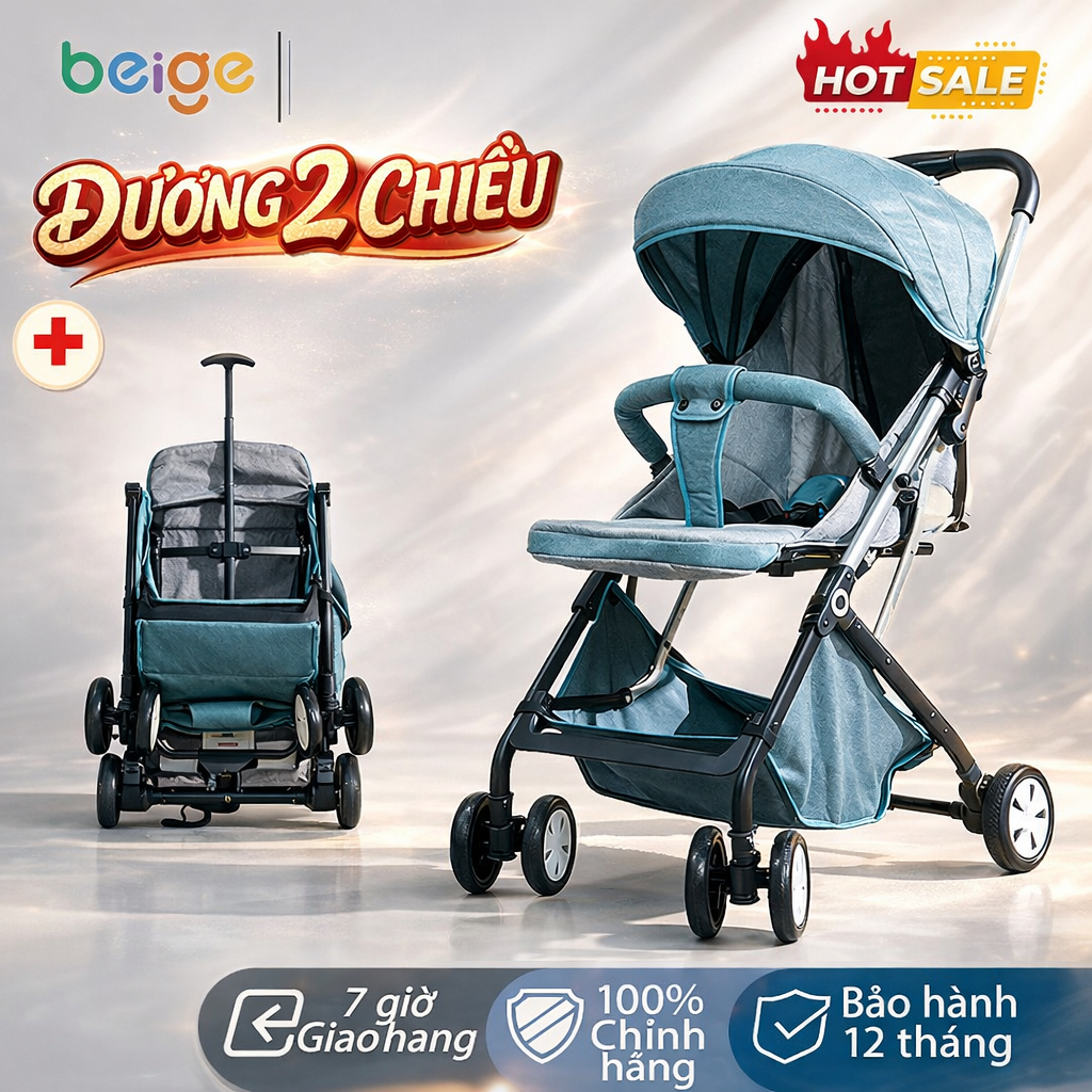 xe đẩy cho bé Beige,Xe Đẩy Bé Gấp Gọn 3 Giây - Khung Thép Cacbon ,Mang Máy Bay