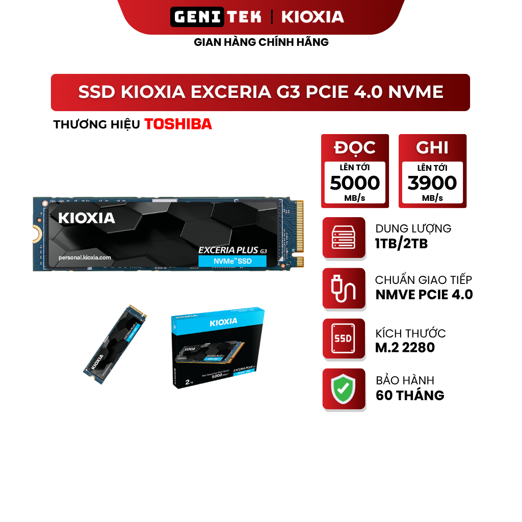 Ổ cứng SSD KIOXIA EXCERIA Plus G3 1TB/2TB PCIE 4.0 NVME M.2 R5000 W3900 - BH Chính hãng 3 Năm