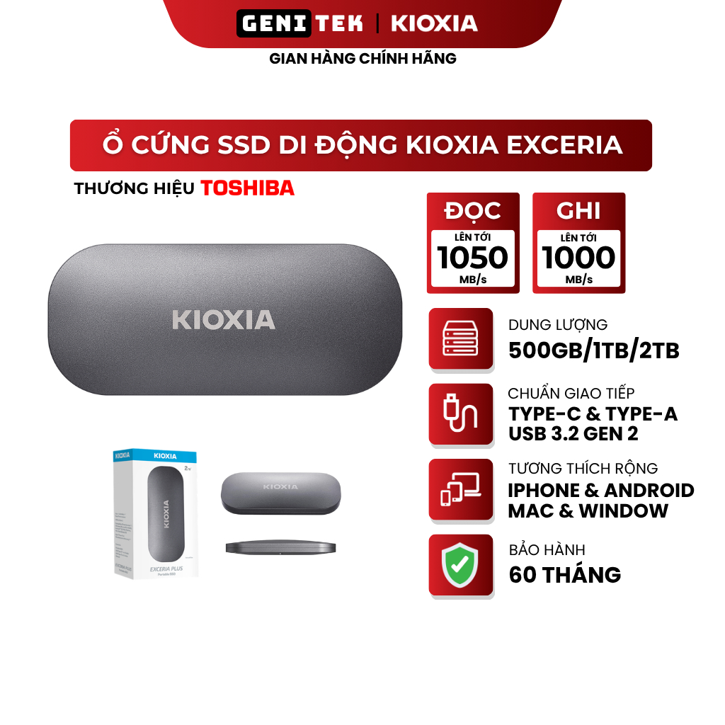 SSD Di Động KIOXIA Exceria Plus Portable 500GB/1TB/2TB - Đọc/Ghi 1050/1000MB/s - Chính hãng
