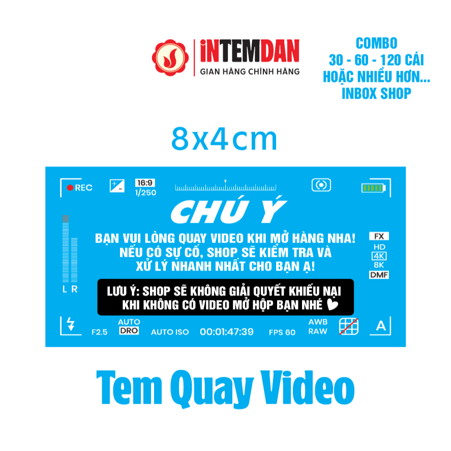 Combo Tem Chú Ý VINH LIEN Quay Video, Decal Giấy Dán, Size 8x4cm, Màu Xanh Dương