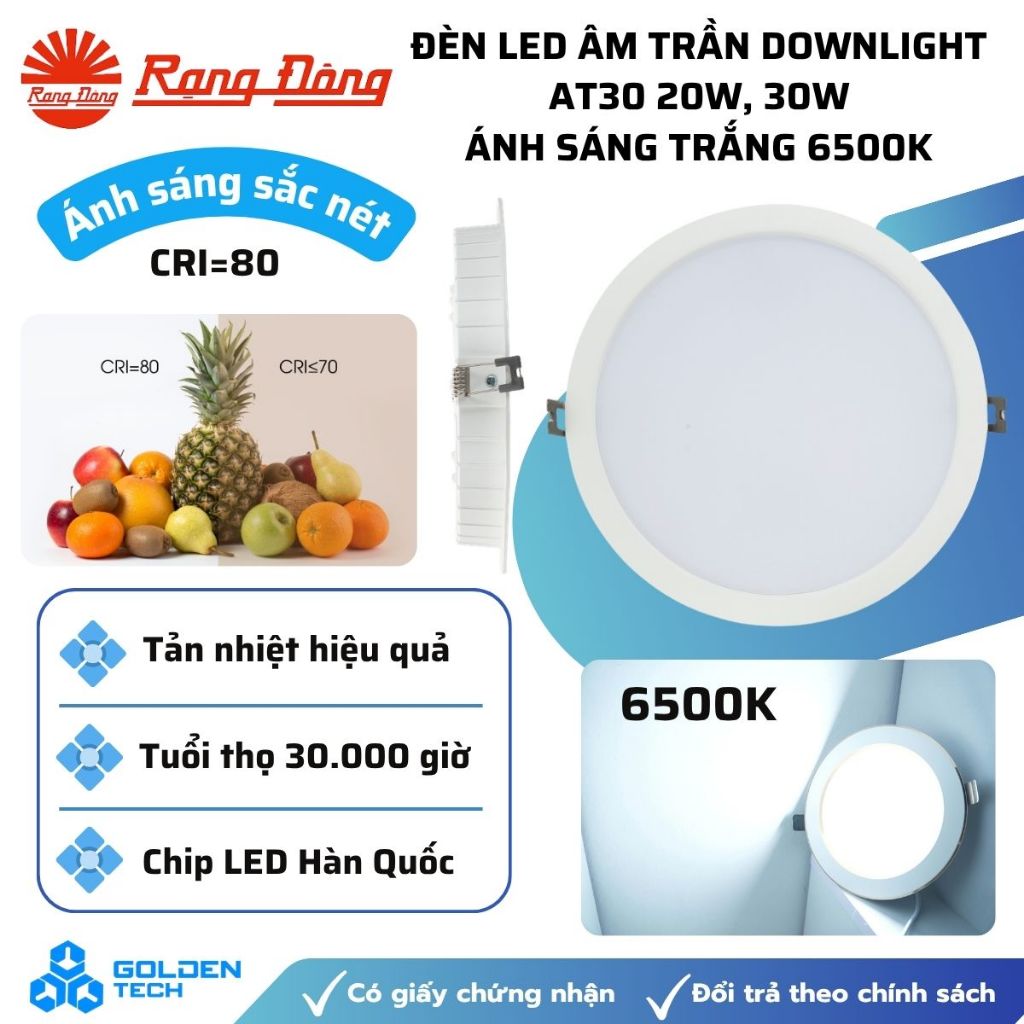 [Rạng Đông] Đèn LED âm trần Downlight AT30 20W, 30W Ánh sáng trắng